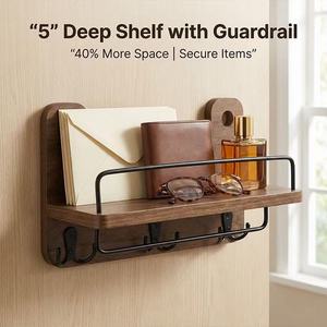 Wooden <b>Wall</b> Mounted Storage Rack With <b>Key</b> <b>Hooks</b> <b>For</b> Home Living Room Bedroom Coat And Bag Organizer - Product Image 3