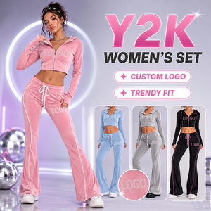 Ensemble de vêtements pour femmes Y2K personnalisé, sweat à capuche court zippé en velours avec logo en strass, pantalon évasé, ensemble de survêtement deux pièces, vente en gros - Product Image 1