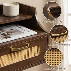 Mesita de Noche de Pared con Estante Superior Abierto, Cajón de Ratán con Tirador Dorado, MDF de Nogal Curvado en <span class=keywords><strong>3D</strong></span> - Product Image 2