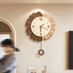 Sunburst Wall <b>Clock</b> Wood Grain Art Pendulum <b>Battery</b> Powered Living Room Decorative <b>Clock</b> Single Face Electronic Movement - Product Image 1