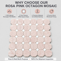 Mosaïque octogonale en marbre naturel couleur rose pâle, pierre polie, revêtement mural et de sol, support en maille