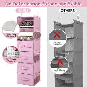 Organisateur de placard suspendu 6 étagères 5 tiroirs avec poches latérales pour le rangement des vêtements, utilisation en chambre, tissu non tissé - Product Image 6