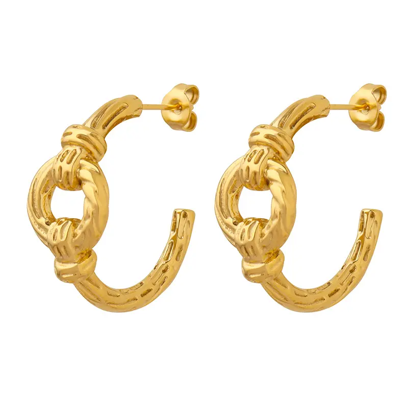 Boucles d'oreilles en forme de C nouées plaqué or véritable exagéré Texture de bosse en acier inoxydable bijoux de boucle d'oreille semi-cercle irrégulier