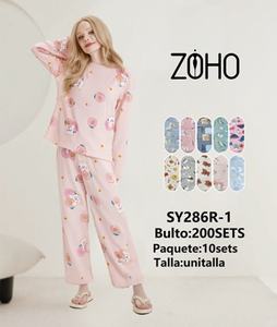 Pigiama da Donna in Cotone e Bambù, Maniche Lunghe, Stampa Cartoon, Morbido Tessuto Lavorato a Maglia, Casual, Autunnale, Collo Tondo, Elastico - Product Image 3