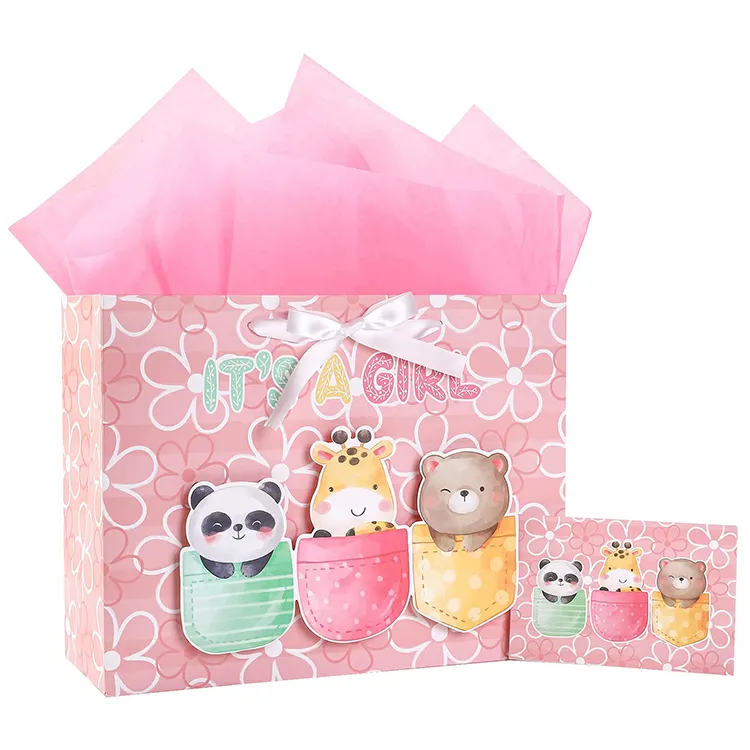 स्वनिर्धारित लोगो Hangable आइटम जन्मदिन की पार्टी उपहार पैकेजिंग प्यारा गुलाबी रिबन संभाल के साथ पेपर बैग
