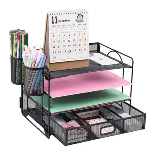 Organizer Meja penjualan bagus dengan tempat File 4-Tier Organizer baki huruf kertas dengan laci dan 2 tempat pena penyusun Desktop jala
