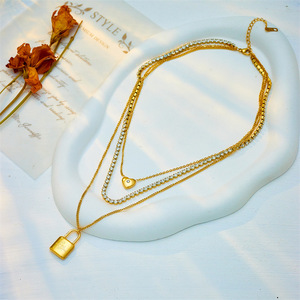 European American Fashion Multi Layer Chain Necklace Gold Padlock Heart Pendant Titanium Steel Jewelry Gift - Product Image 3
