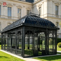 Pavillon de jardin en verre en fer forgé noir, véranda de luxe en métal pour villa, abri de jardin pour cour arrière