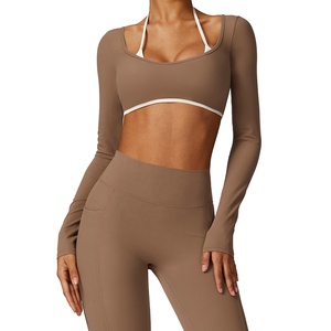 Women's Elastic Long Sleeve Yoga <strong>Legging</strong> and Tops Set Solid Pattern Quick Dry Size XL Spandex Material <strong>Cropped</strong> V Cut - Product Image 1