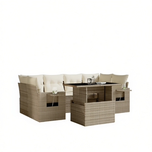 Conjunto de Sofá de Jardín con Mesa, Muebles de Ratán para Exteriores, Contemporáneo, 6 Plazas, Beige - Product Image 1