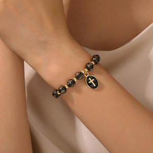 Ventes chaudes Bracelet de prière élastique vintage avec pendentif ovale en forme de croix et perles, cadeaux de bijoux <span class=keywords><strong>pour</strong></span> couple - Product Image 2