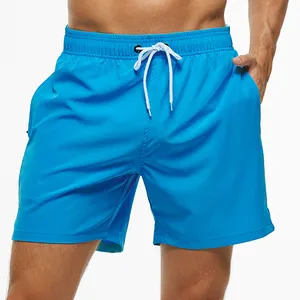 Customized Logo 17 Colors Solid Plain Men Swim Trunks Summer Shorts Men Beach Shorts Swimwear 5 Inch Inseam Beach Shorts For Men