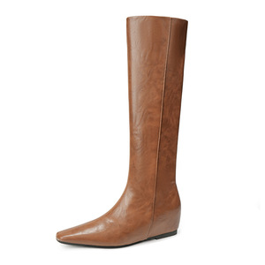 Bottes plates mi-hautes pour femmes, bout carré, en cuir véritable, style Chelsea, couleur unie, pour l'automne et l'hiver - Product Image 5