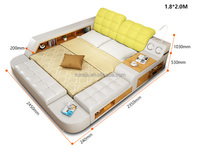 Lit multifonctionnel de style américain Espace de rangement pour la musique moderne Lit en cuir Lit de luxe à lumière LED avec table élévatrice pour ordinateur