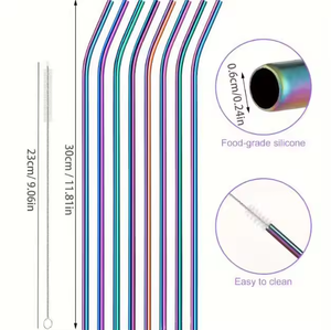 Paille à boire en acier inoxydable avec logo personnalisé réutilisable courbée droite or argent arc-en-ciel noir 30cm avec brosses de nettoyage - Product Image 2