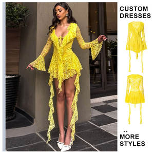 Özel yaz Y2K rahat Mini seksi dantel şerit elbise kadınlar için Flare kol imparatorluk Hollow Out Mesh uzun kollu kadın elbise - Product Image 1