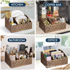 Wooden <b>Storage</b> <b>Tray</b> 4-7 Compartments Rectangle Distressed Finish Multifunctional Serving Organizer For Kitchen Coffee Bar - Product Image 3