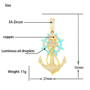 Kaleido เครื่องประดับฮิปฮอปเรืองแสงในชุดสีดำจี้สมอเรือประดับเพชรรูปหางเสือสำหรับผู้ชายจี้ทองขาวชุบ - Product Image 6
