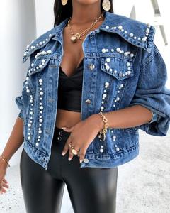 سترة نسائية جديدة من الجينز موديل 2022, سترة نسائية من الدنيم مزينة باللؤلؤ ، سترة نسائية من parquetas Para Mujer ، مقاس كبير ، سترة نسائية من الدنيم المزينة باللؤلؤ الأبيض ، سترة قصيرة للنساء - Product Image 3