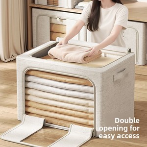 Boîte de rangement pliable en tissu coton-lin à <span class=keywords><strong>double</strong></span> porte avec poche latérale pour vêtements, jouets et organisation de la chambre à coucher - Product Image 4
