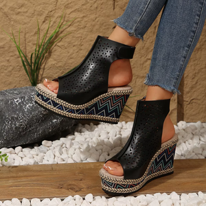 Sandales compensées d'été pour femmes, nouveau style, à semelle épaisse ajourée en corde de chanvre, style romain - Product Image 4