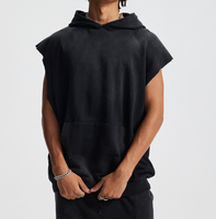Sweat à capuche sans manches en coton 100% lavé à la vapeur Yukaihe 380gsm, style vintage, délavé, pour homme