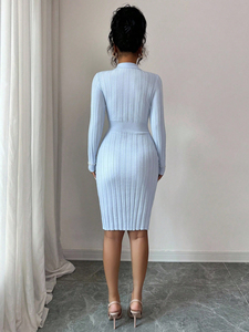 <span class=keywords><strong>Abito</strong></span> <span class=keywords><strong>Midi</strong></span> Elegante da Donna in Maglia Azzurra, Maniche Lunghe, Bottoni con Perle, Vestito Aderente a Costine - Product Image 4