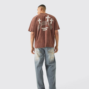 T-shirt graphique délavé à l'acide pour homme, imprimé croisé au dos, en coton épais, style streetwear, personnalisable OEM, vente en gros - Product Image 1