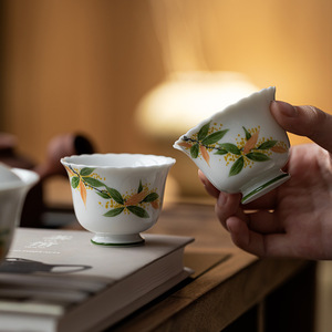 Guanlan Ceramics Hand Painted White Porcelain Master Cup Single Cup Kung Fu <b>Tea</b> <b>Set</b> Personal <b>Tea</b> Cup With Osmanthus Design - Product Image 2