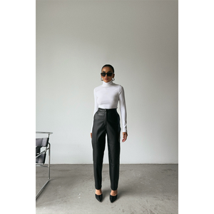 Pantalon en cuir noir pour femme avec taille élastique, respirant, longueur genou, taille XL, motif formel, couleur délavée, pour le bureau et les loisirs - Product Image 4