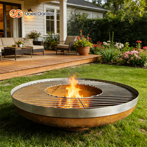 Table de foyer extérieure moderne en acier Corten de haute qualité, écologique, avec grille en acier Corten et plateau en bambou, pour barbecue décoratif - Product Image 1