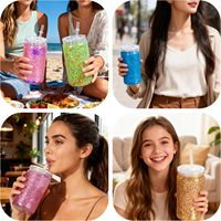 Lot de 50 gobelets en plastique de 16 oz à double paroi pré-perforés, type globe à neige, avec couvercle transparent et paille – USA RTS