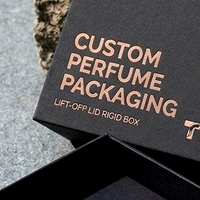 Boîte à parfum rigide noire de luxe sur mesure en deux parties avec couvercle amovible et insert ajusté pour présentation d'emballages de parfums personnalisés