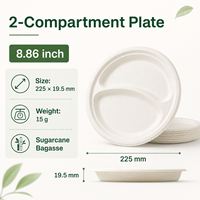 Assiette à repas jetable légère, compostable et biodégradable en bagasse de canne à sucre, 2 compartiments, pour la restauration