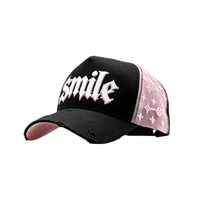 Gorra de Camionero de Malla Rosa de 5 Paneles Personalizada con Bordado NY, Gorra Deportiva Lisa con Efecto Desgastado para Verano