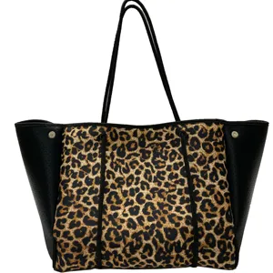 2022 hot selling leopard printing custom waterproof summer beach bag neoprene lady tote bag