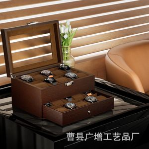 Caja de almacenamiento de relojes de madera para escritorio, con tapa de cristal y cajón para relojes de hombre y mujer, madera maciza, rectangular, color retro, GZ 217 - Product Image 4
