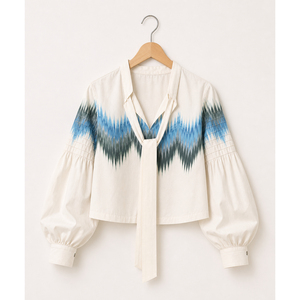 Hot Sell 2026 <b>White</b> Printed <b>Tops</b> Long <b>Puff</b> <b>Sleeve</b> Tie Neck Casual Fashion <b>Top</b> for Office and Daily Women Wear <b>Top</b> - Product Image 1