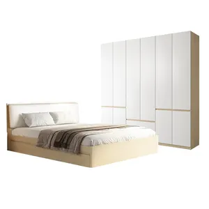 Bộ phòng ngủ bằng gỗ nguyên khối với giường Vua kiểu kem 6 cửa tủ quần áo lớn tủ quần áo-Nội thất gia đình nguyên bản