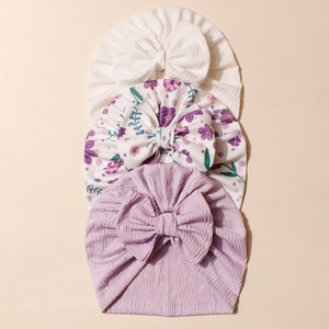 3 BH topi Beanie bayi baru lahir, hiasan kepala pita katun lembut motif bunga untuk anak-anak - Product Image 1