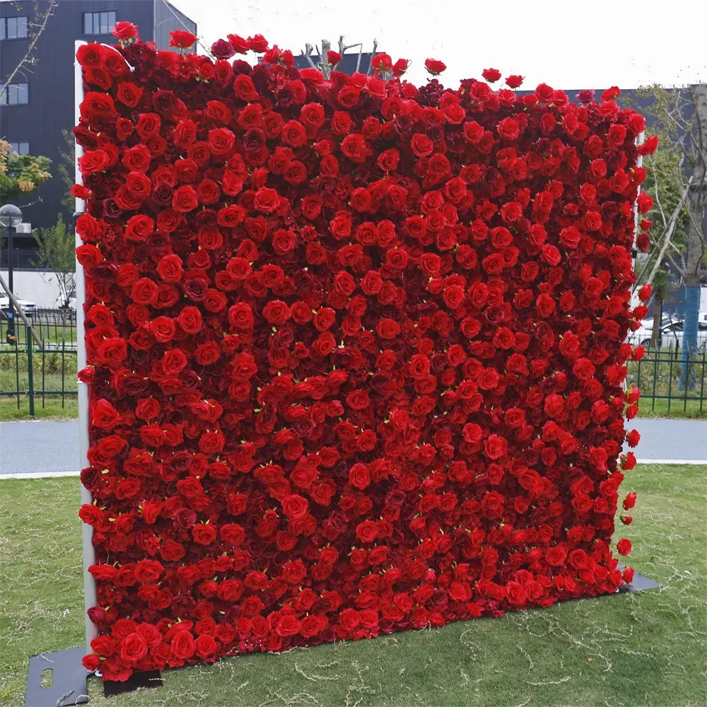 A-454 5D Flower Wall Backdrop 8*8 FT Wedding Artificial Silk Flower Wine Red Wall Red Rose Wall Backdrop