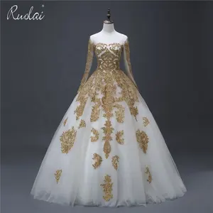 Ruolai YASA-020 בציר תפור לפי מידה חרוזים לבן וזהב Applique הכלה כדור שמלת מוסלמי מלא חצאית ארוך שרוול שמלת כלה