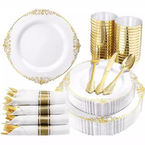 Ensemble de 25 assiettes jetables pour les fêtes de mariage et les fêtes à la maison pour les fournitures de fête Ensemble de papier PS <span class=keywords><strong>plastique</strong></span> <span class=keywords><strong>dur</strong></span> or sans poussière - Product Image 1