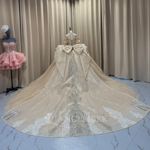 Vestido de Novia de Lujo con Cuentas de Cristal y Mangas Abullonadas, Modelo Mct029, con Cola Catedral, Jancember - Product Image 5