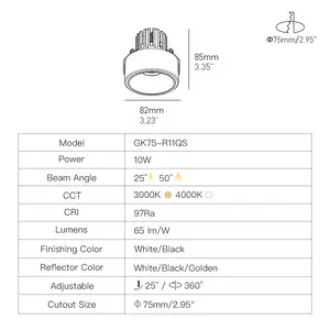 XRZLux Adjustable Ceiling Spotlight Lighting ETL LED Downlight With Gold Reflector Semi-recessed 10W Dimmable LED COB Downlight