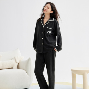 Femmes automne hiver maison vêtements motif solide à manches longues épaissi lâche revers pyjamas ensemble taille élastique fermeture respirant - Product Image 4