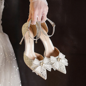 Heeled <b>Sandals</b> Pointed Toe Stiletto Heel High Heel <b>Bow</b> Decoration For Wedding Adult Ceremony - Product Image 1