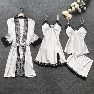 Moda seksi <span class=keywords><strong>Nighty</strong></span> 4 adet setleri pijama toptan saten şort kıyafeti kadın dantel iç çamaşırı saten pijama - Product Image 2