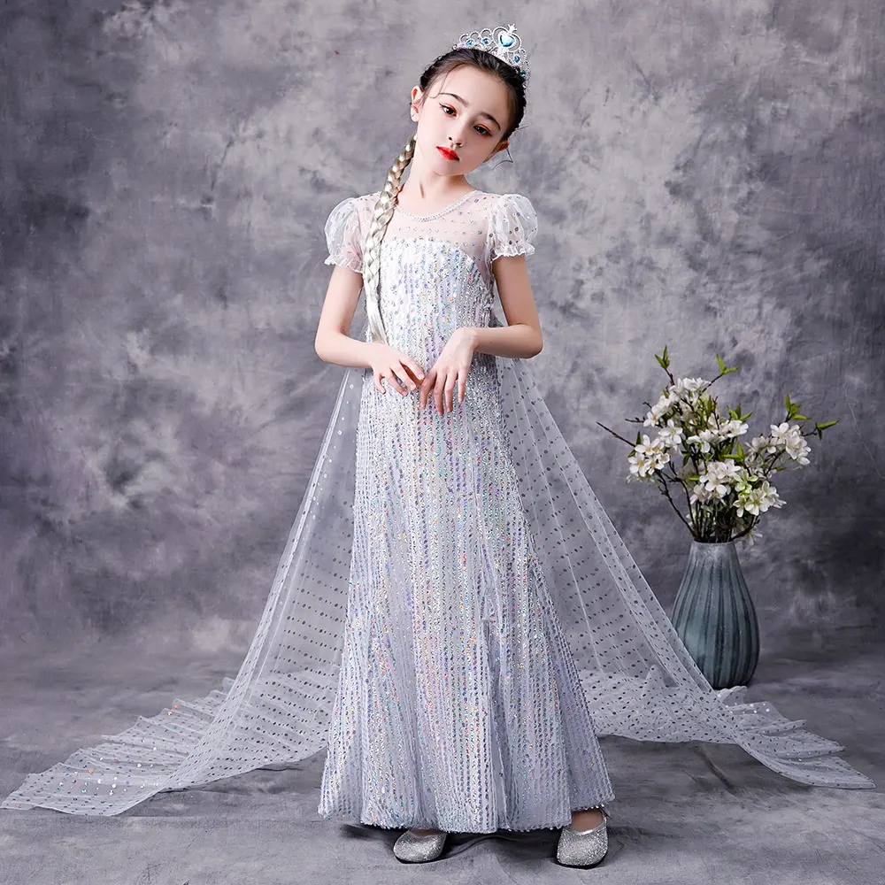 Neuankömmling Mädchen elsa Elegante Spitze Party Cosplay Geburtstag Lange Kleider Kinder Kleidung Baby Kleid Prinzessin