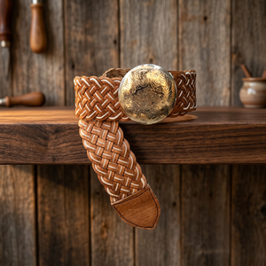 Ceinture en cuir véritable tressée avec concho argenté, design classique tissé, unisexe, marron - Product Image 2